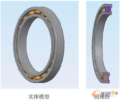 圖5 深溝球軸承61928的實體模型和剖視圖